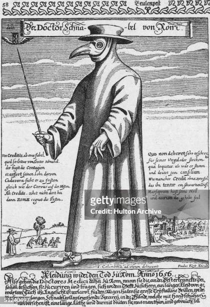 Circa 1656, A plague doctor in protective clothing. The beak mask held spices thought to purify air, the wand was used to avoid touching patients....