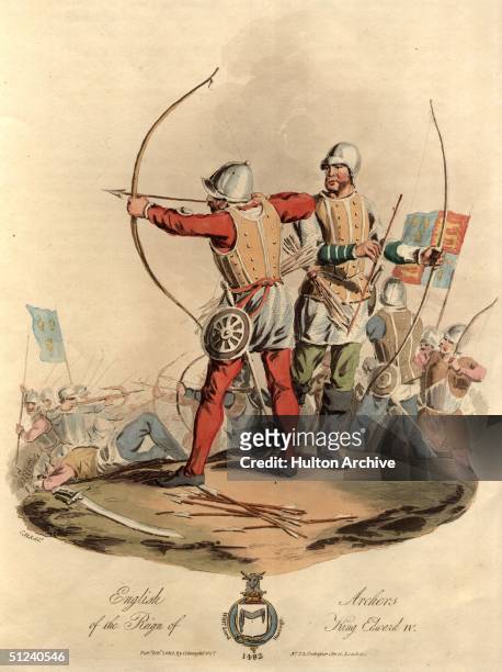 Circa 1482, English archers and longbowmen during the reign of King Edward IV. Original Artwork: Aquatint - pub. 1812