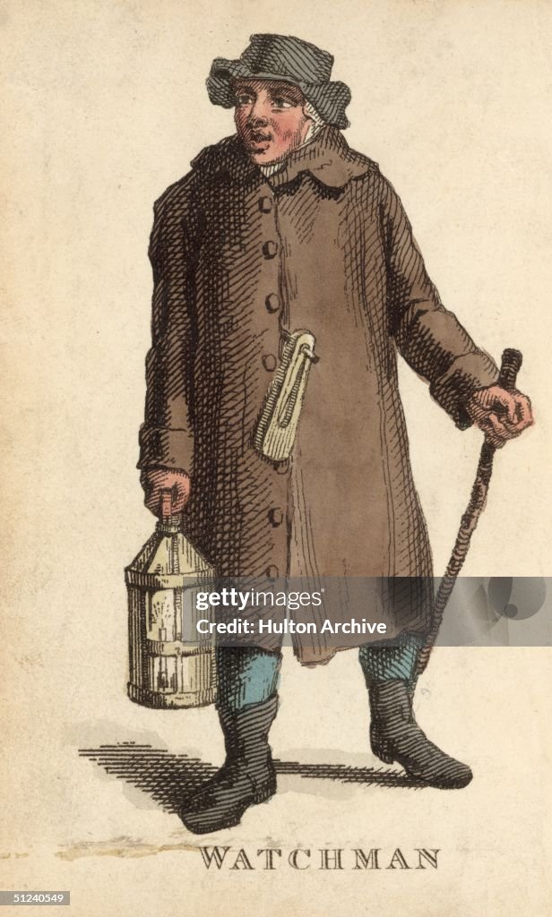 Watchmen Rattle Circa 1750, A night watchman complete with lantern, rattle and stick ...