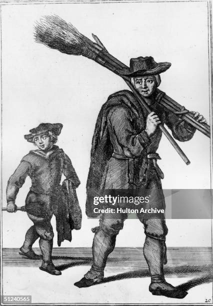 Circa 1750, Two London chimney sweeps, one still small enough to fit inside narrow passages. Original Artwork: An engraving by Mannon from Tempest's...