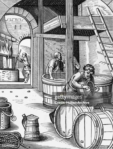 Circa 1550, Workers busy at the vats in a brewery Original Artist: Jost Amman