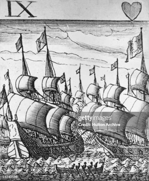 An engraving of twelve Spanish ships of the armada called the twelve apostles.