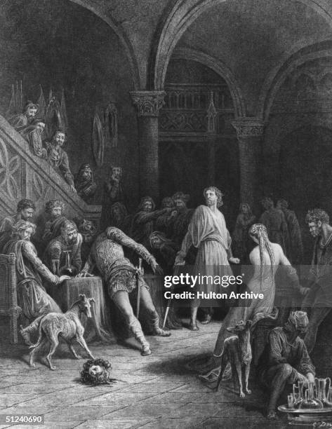 Circa 542 AD, A man's head has been cut off by one of King Arthur's knights. Watched by the courtiers, it rolls across the floor. Original Artwork:...