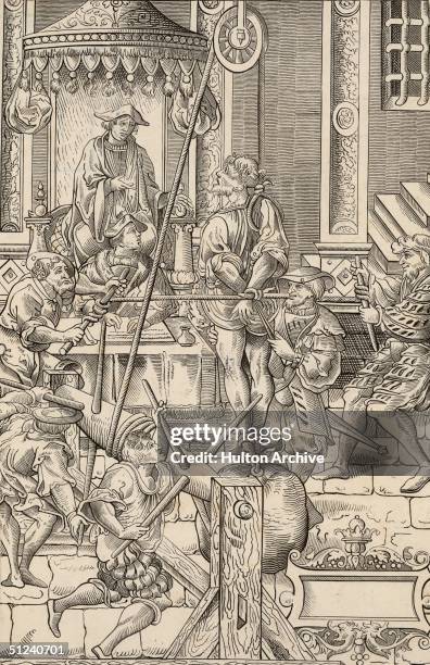 Circa 1500, A sixteenth century tribunal. An accused man is tortured in front of the members of the court by stretching with weights and pullies....