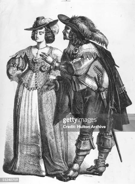 Circa 1645, A cavalier flirts with a lady, at the time of Charles I.