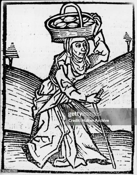 Woodcut from the 'Ortus Sanitatis' depicting an old woman carrying a basket of cakes or pies to market.