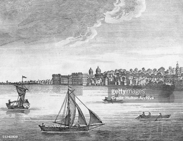 Circa 1700, Boats on the River Thames at Greenwich, south-east London, near the Royal Naval Hospital.