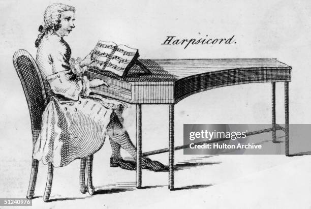 Circa 1750, A man plays a harpsichord.