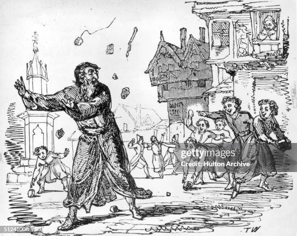 Circa 1600, Youths stoning Jews in the street during Lent; an elderly man flees before a hail of stones in a town square.