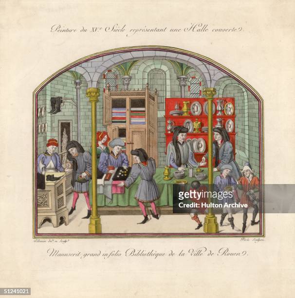 Circa 1450, A French fifteenth century covered market showing silversmiths, cobblers and drapers selling their wares. Original Artist: Bibliotheque...