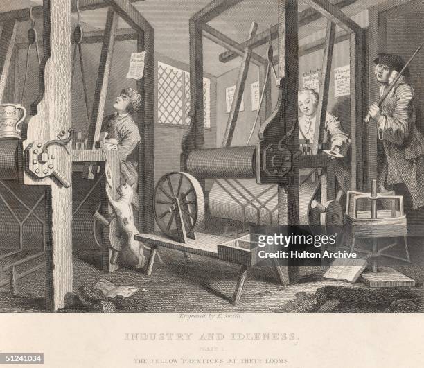 The Fellow 'Prentices at their Looms' at Spitalfields in London. Two apprentices one working hard according to the rules, the other asleep at his...