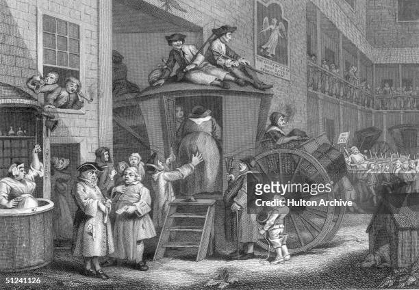 Circa 1730, In the courtyard of the 'Old Angle Inn' a coach is loading its passengers and a comfortably built woman is helped in with the aid of a...
