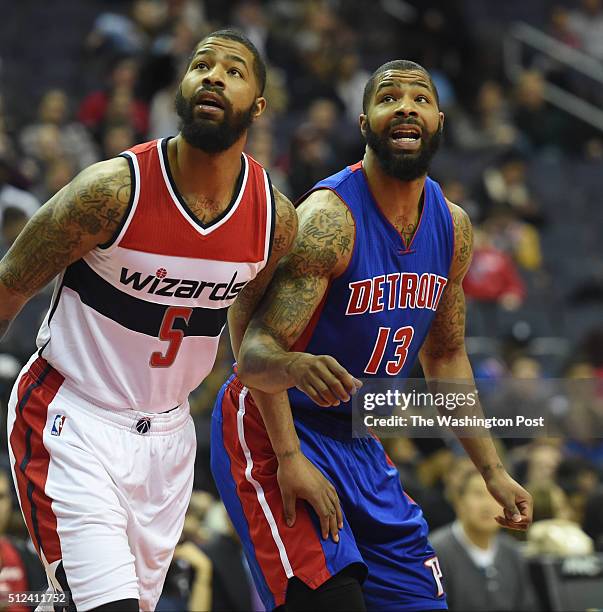 Washington Wizards Markieff Morris fights for position against his twin brother Detroit Pistons forward Marcus Morris on February 19, 2016 in...