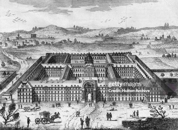 Circa 1700, The Hotel des Invalides in Paris, founded by Louis XIV in 1671 to house wounded soldiers from the many wars waged during his reign.