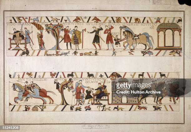 Circa 1090, Discussing tactics in the Norman conquest of England, depicted in the Bayeux tapestry. Original Artwork: The Tapestry of Bayeux - Plate 3