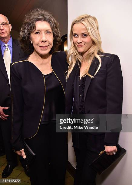 Actors Lily Tomlin and Reese Witherspoon attend The Dinner For Equality co-hosted by Patricia Arquette and Marc Benioff on February 25, 2016 in...