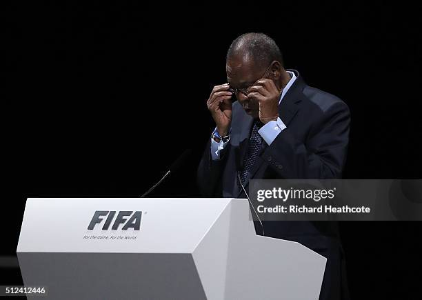 Acting President Issa Hayatou talks during the Extraordinary FIFA Congress at Hallenstadion on February 26, 2016 in Zurich, Switzerland.