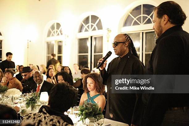 Musician Stevie Wonder attends The Dinner For Equality co-hosted by Patricia Arquette and Marc Benioff on February 25, 2016 in Beverly Hills,...