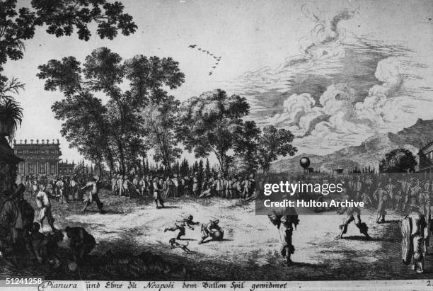 Circa 1689, A painting of a 17th century Football Association match.