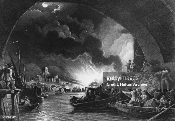 2nd September 1666, A view from a painting of the great fire of London, as seen from the Thames river.