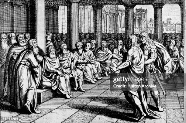 Circa 50 BC, A group of Romans debating during an election where the Senators may choose a dictator.