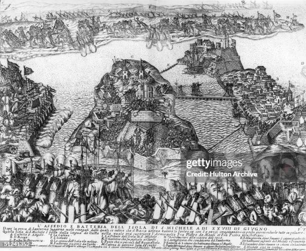 The Knights of St John mass against the invading Turks at the Siege of Malta. A stylised view of the army and the fortified harbours of the island....