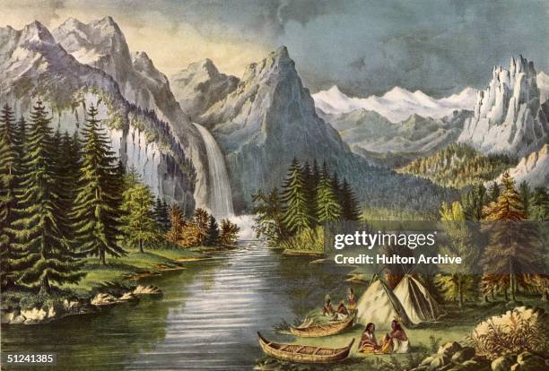 Circa 1700, A Native American camp at the side of the Merced River in the Yosemite Valley.