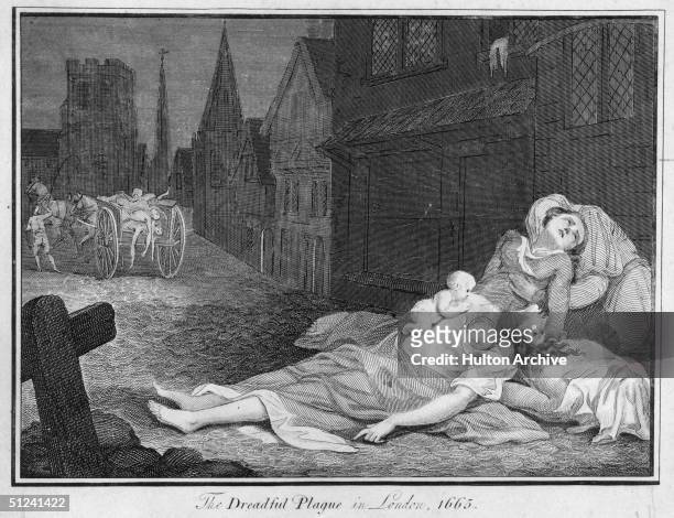 The dreadful plague in London. A family lies dead and dying in the street while a cart carries away corpses of those who have already succumbed to...