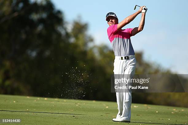 Brett Rumford of Australia plays his second shot on the 18th hole during day two of the 2016 Perth International at Karrinyup GC on February 26, 2016...