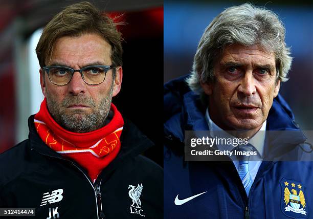 In this composite image a comparison has been made between Jurgen Klopp, manager of Liverpool and Manuel Pellegrini, manager of Manchester City....