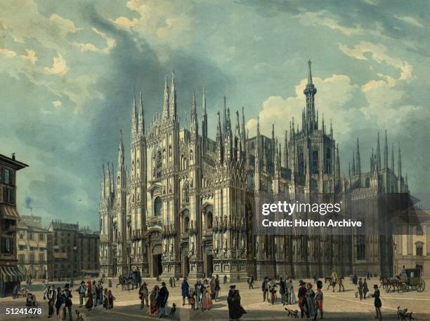 Circa 1750, The white marble Gothic cathedral in Milan, Italy, constructed between 1386 and 1965.