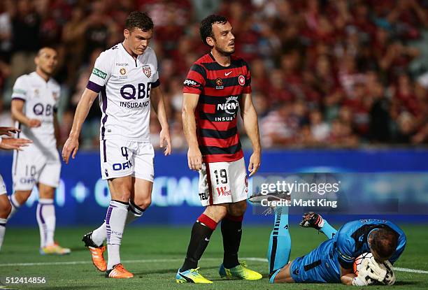 Mark Bridge of the Wanderers reacts after a missed opportunity on goal after a save by Perth Glory goalkeeper Ante Covic during the round 21 A-League...