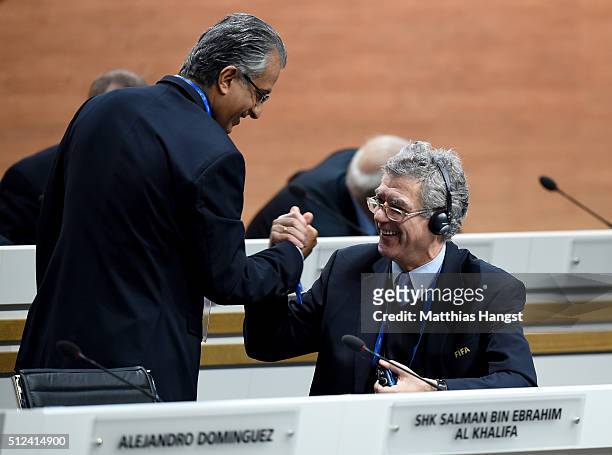 Vice President Angel Maria Villar Llona shakes hands with FIFA Presidential candidate Sheikh Salman Bin Ebrahim Al Khalifa prior to the Extraordinary...