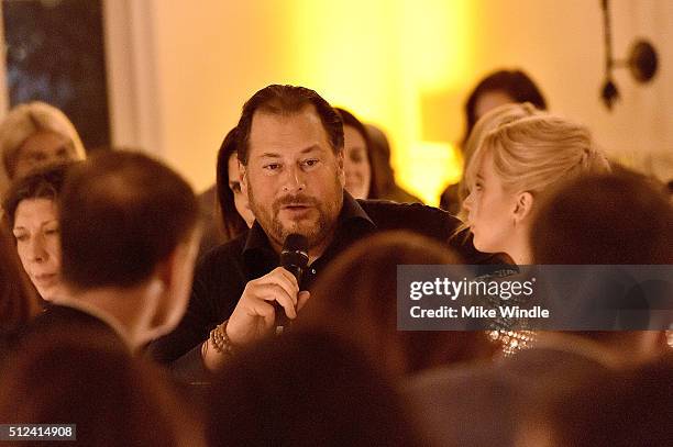 Of Salesforce Marc Benioff and actress Jennifer Lawrence attend The Dinner For Equality co-hosted by Patricia Arquette and Marc Benioff on February...