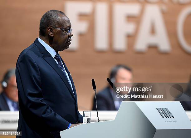 Acting President Issa Hayatou talks during the Extraordinary FIFA Congress at Hallenstadion on February 26, 2016 in Zurich, Switzerland.