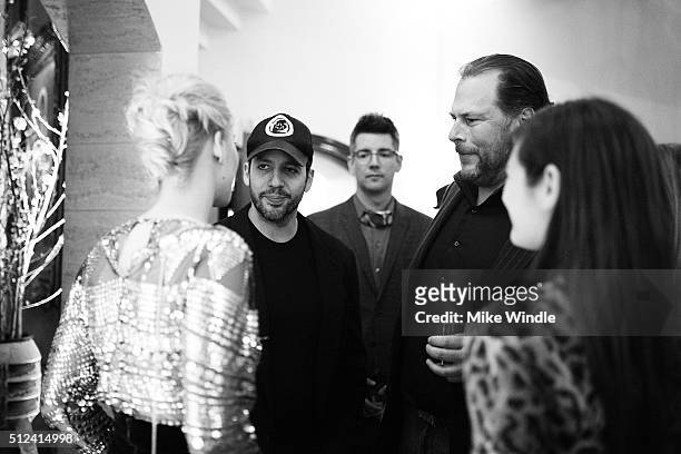 Jennifer Lawrence, David Blaine and CEO of Salesforce Marc Benioff attend The Dinner For Equality co-hosted by Patricia Arquette and Marc Benioff on...