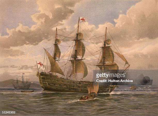 Circa 1650, A battleship of the British Navy. Original Artwork: A lithograph after the painting by W Fred Mitchell, from 'Her Majesty's Navy' by...