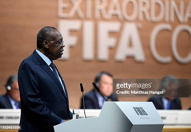 Acting President Issa Hayatou talks during the Extraordinary FIFA Congress at Hallenstadion on February 26, 2016 in Zurich, Switzerland.