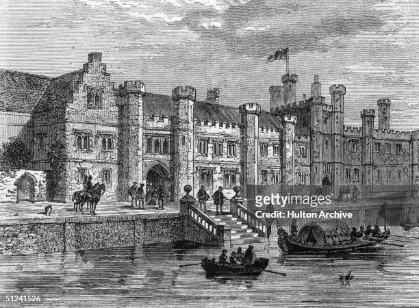 Barge arrives at Greenwich Palace on the Thames east of London, during the reign of Charles I. During Christmas 1594 William Shakespeare and the...