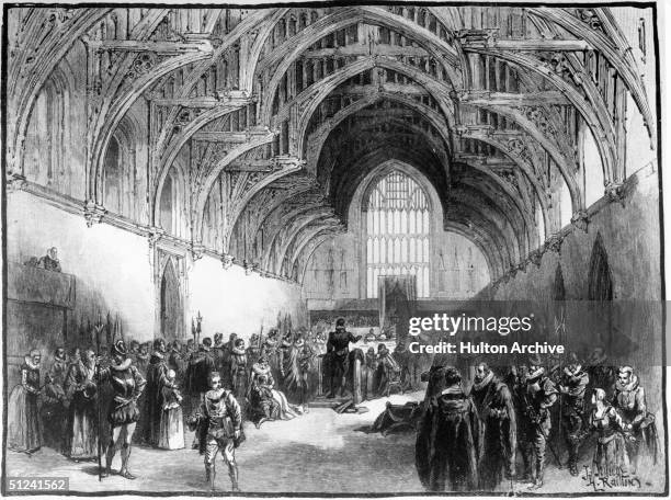 Circa 1575, A state trial taking place in Westminster Hall in London during the Elizabethan period.
