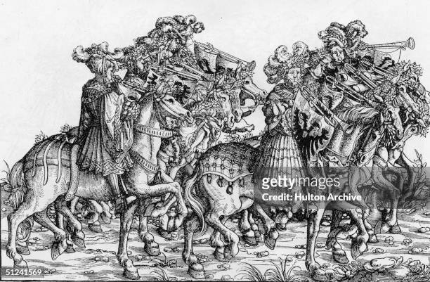Circa 1520, Mounted Imperial trumpeteers of the Holy Roman Empire. Original Artwork: Engraving by Hans Burgkmair.