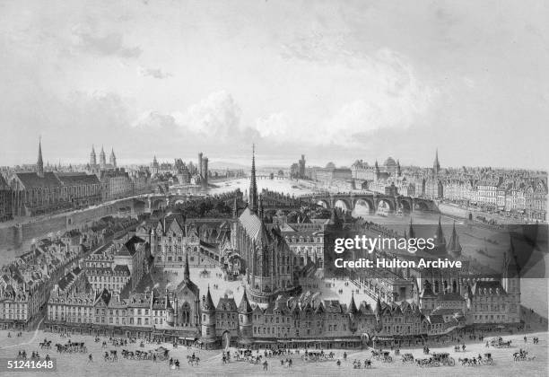 The Palais de Justice on the Ile de La Cite, situated in the middle of the Seine, Paris. The king had removed his court from Paris to Versailles, but...