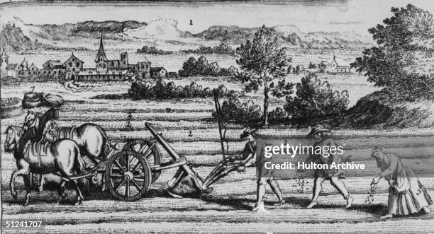 3rd April 1723, An illustration of ploughing and sowing techniques in 'Le Nouveau Theatre d'Agriculture et Menage des Champs' by Sieur Ligar,...