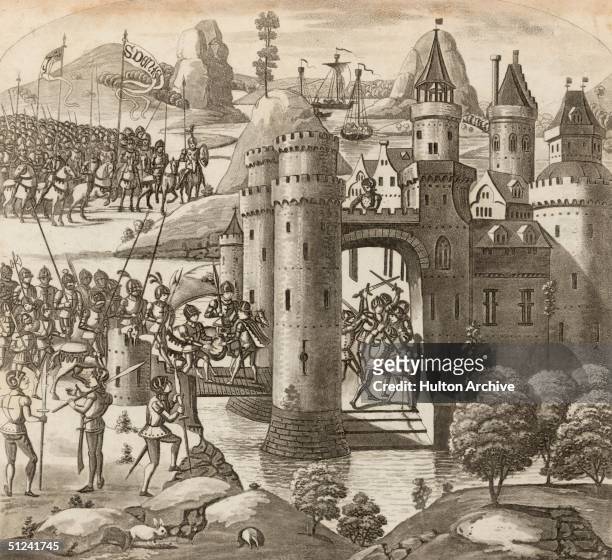 Troops attacking a moated fort in a scene from the Battle of Calais during the Hundred Years War. Calais was captured by Edward III after a long...