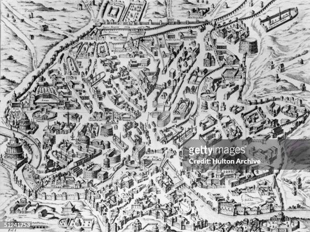 Circa 200 AD, A reconstruction of the ancient city of Rome at the time of the Emperor Severus. Original Artwork: An engraving by Philip after...