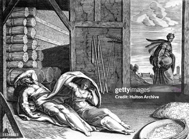 Circa 1000 BC, Ruth lays down alongside Boaz after the winnowing of the barley, whilst an angel looks on, from the Book of Ruthin the Old Testament.