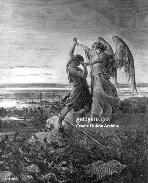 Circa 1700 BC, Jacob wrestling with the angel of the Lord at Peniel . Original Artwork: Engraving after illustration by Gustave Dore.