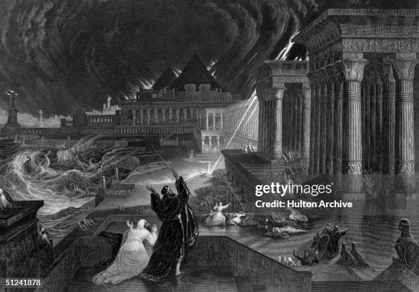 Circa 1500 BC, Moses raising his rod and hail as a great storm crosses Egypt, part of the series of plagues inflicted on the country by an angry God.