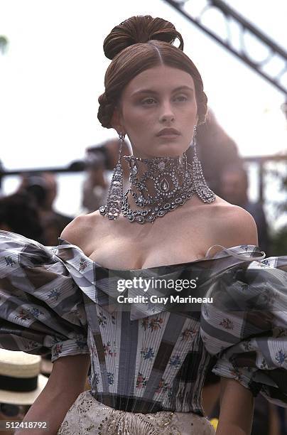 Close-up of model Trish Goff on the runway at the Belle Epoque inspired Fall/Winter 1997-1998 Christian Dior couture collection designed by John...