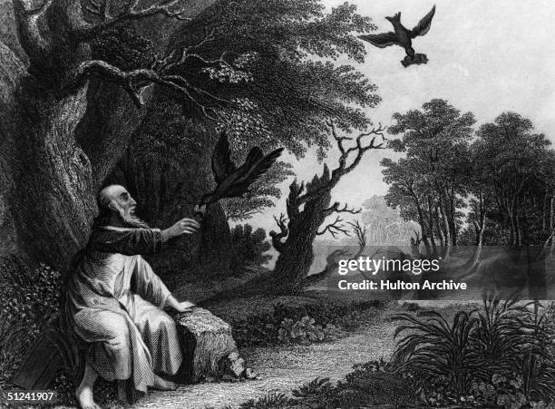 Circa 900 BC, An engraving by Ellis after Paulus Potter showing Elijah being fed by ravens. 1 Kings 17: 1 - 7.